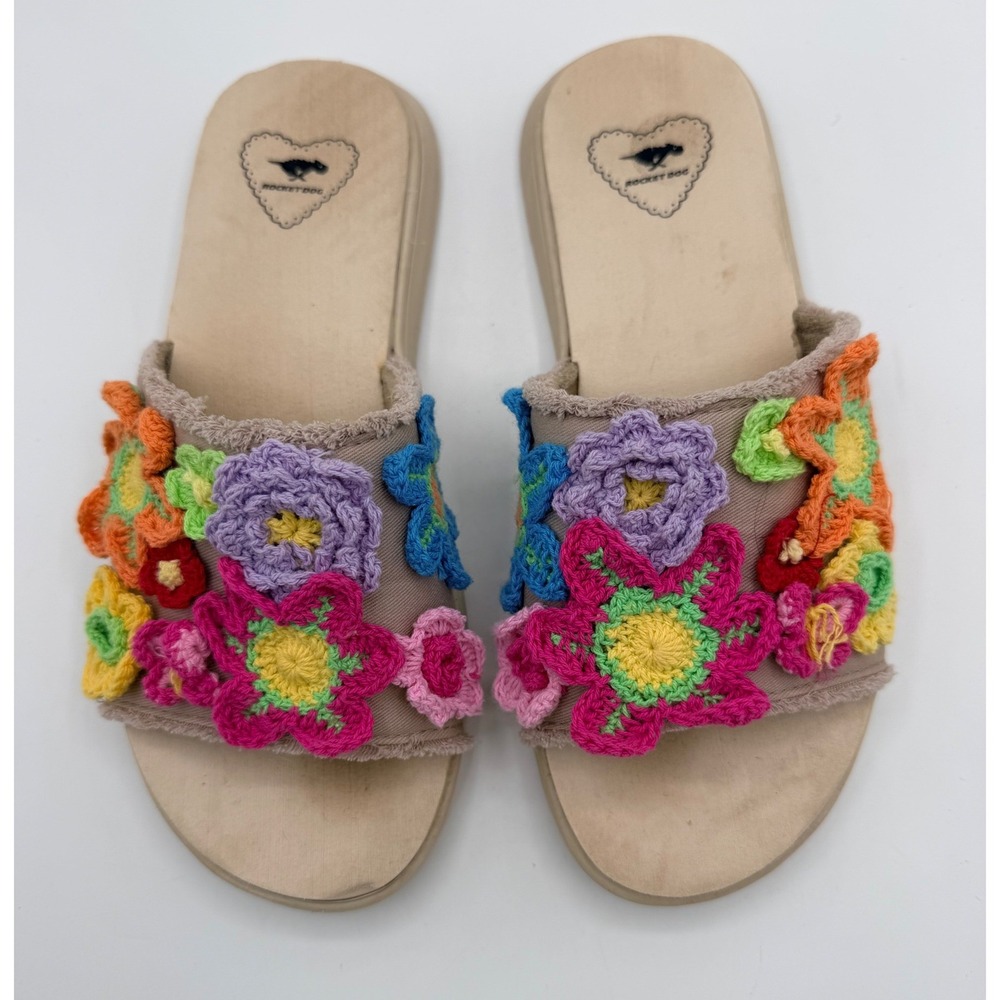 Rocket Dog Slide Sandals Floral Crochet Women's 7 Tan Multi
